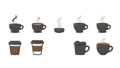 Coffee cup icons. Set of different tea cup icons. Simple coffee or tea signs. Black hot drinks icons , with white tonespng