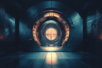 Futuristic metallic portal glowing orange light sci fi scene