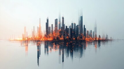Fototapeta premium Futuristic city skyline reflecting on water, sunrise