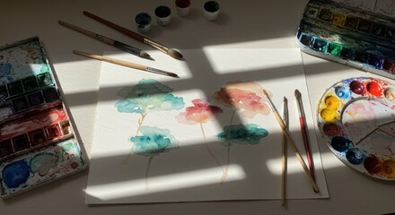 Colorful art supplies on desk