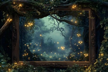 Obraz premium Enchanting forest scene framed by ornate wood with glowing fireflies and whimsical lighting