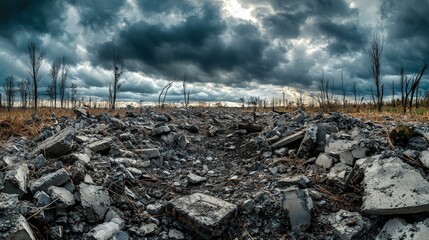 The Aftermath of War and the Silence Following Battle, Desolate landscape with barren ground and...
