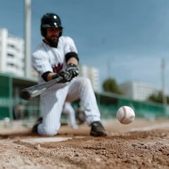 Baseball Player Swinging At Ball On Dusty Field