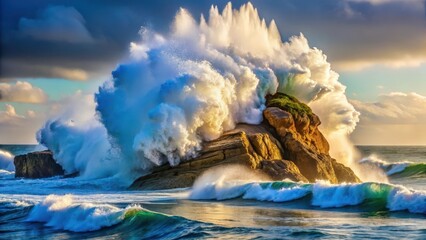 Fototapeta premium Powerful ocean wave crashes against a sturdy rock dam, sending spray high into the air amidst a serene seascape background, powerful wave, rock formations