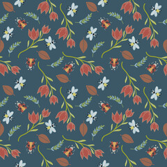 seamless bee floral and leaves pattern