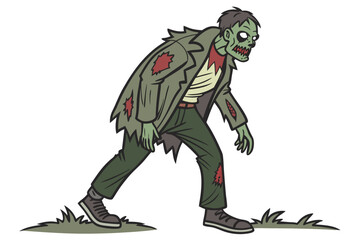 17 Zombie, decaying flesh, tattered clothing, green skin, blood stains, torn jacket, exposed ribs, hunched posture, menacing expression, undead monster, horror illustration, detailed drawing, comic bo