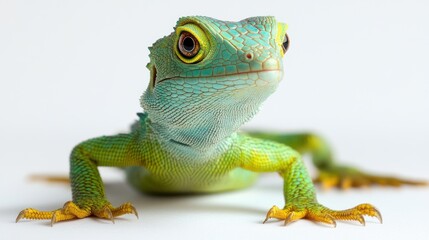 Fototapeta premium Green lizard posing, studio shot, white background