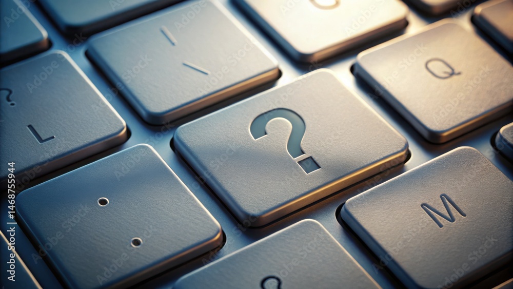 Aufkleber question icon on keyboard with soft lighting and key focus