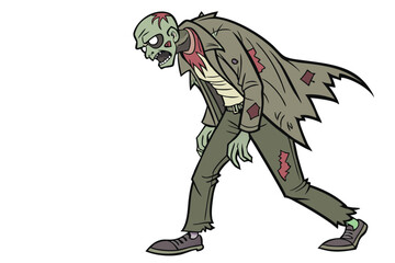 17 Zombie, decaying flesh, tattered clothing, green skin, blood stains, torn jacket, exposed ribs, hunched posture, menacing expression, undead monster, horror illustration, detailed drawing, comic bo