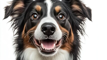 Happy dog portrait, white background, studio shot