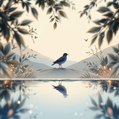 Fototapeta premium Bird Reflection in Serene Mountain Landscape
