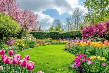 Vibrant spring garden filled with colorful flowers and lush greenery in bright daylight, beautiful garden with colorful flowers spring season