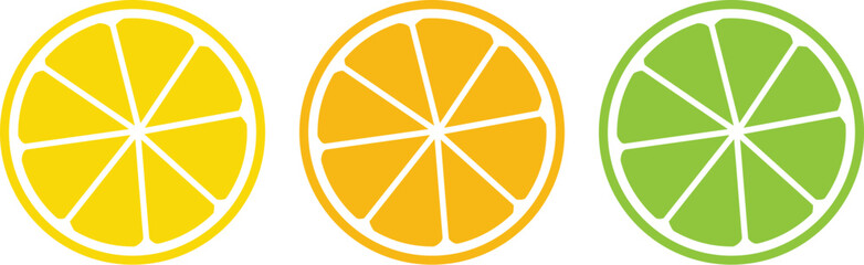 Citrus slice set. Lemon slice. Orange slice. Lime slice. Vector 