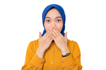 Shocked young Asian Muslim woman dressed in orange shirt covering mouth with hand for mistake isolated on transparent background