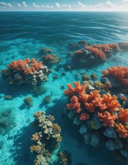 Fototapeta premium Sunlit turquoise ocean surface reveals vibrant coral reef below, image, peaceful, marine
