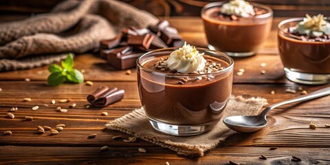 Fototapeta premium Decadent chocolate mousse with coconut topping on a wooden table in a cozy kitchen setting, illuminated by warm natural light