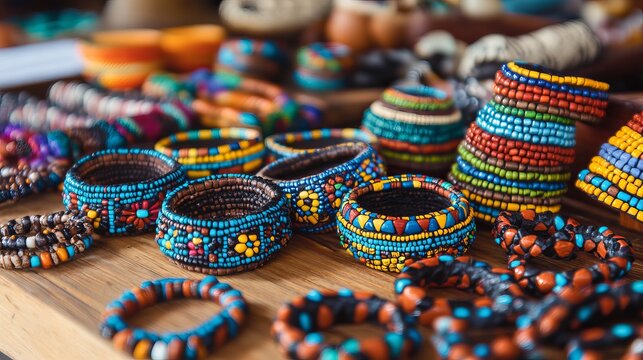 Vibrant mexican handicrafts made with multicolored chaquira beads and decorative stones