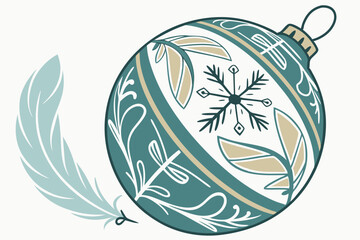 19 Christmas ornament, delicate glass bauble, teal and gold, intricate snowflake design, feather motif, metallic accents, frosted effect, photorealistic, highly detailed, soft lighting, festive decora