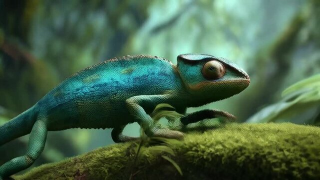A green amphibian lizard with captivating eyes rests on a leaf in its wild, tropical nature