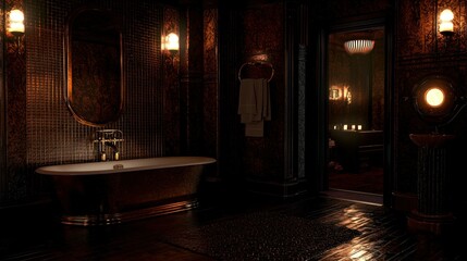 A luxurious dark bathroom featuring a beautiful tub and lighting