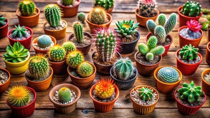 Fototapeta premium Group of colorful cacti and succulents in small pots on a wooden table, potted house plants, succulent plants