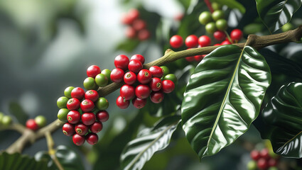 Obraz premium Close up view of coffee cherry berries ripening on the branch with lush green leaves