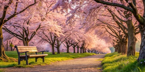 Serene landscape of cherry blossom trees with a wooden bench in the foreground