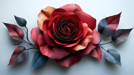 A beautifully crafted red paper rose lying horizontally on a white background, symbolizing creativity