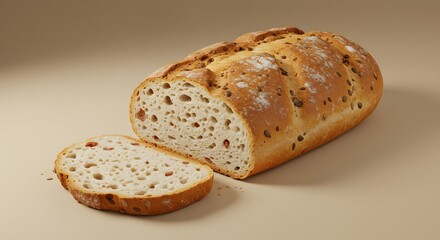 Bread Loaf and Slice on Beige Surface