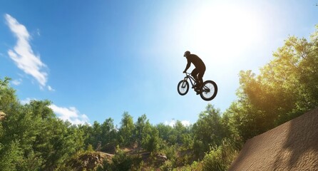 Exported bmx rider performing midair trick at ramp in nature setting
