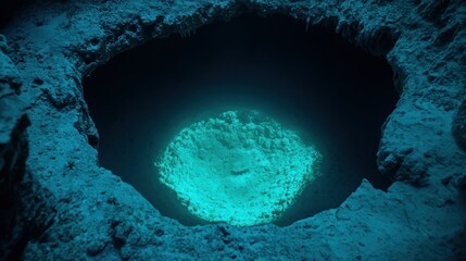The illuminated crater appears at the entrance of a deep chasm