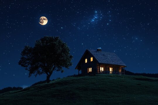 Cozy house on a hill under a starry sky with a glowing moon, Cozy house on a hill illuminated under a starry night sky Tranquil retreat concept - Powered by Adobe