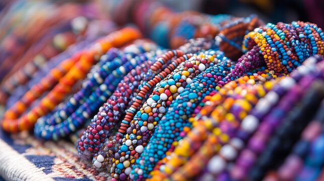 Vibrant mexican handicrafts made with multicolored chaquira beads and decorative stones