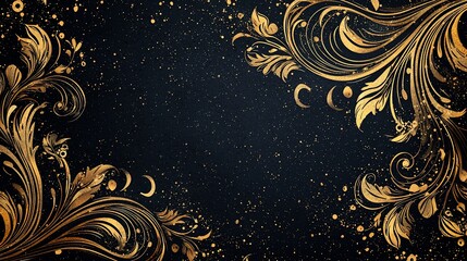 Golden floral frame, dark background, sparkles, invitation design