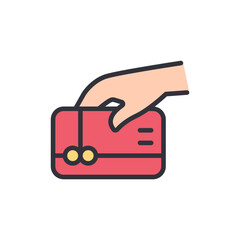 Hand presenting a vibrant red payment card for contactless transactions