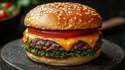 Delicious cheeseburger on a dark wooden board
