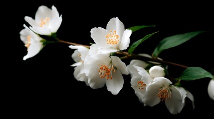 Obraz premium White flowers on a black background from a jasmine branch