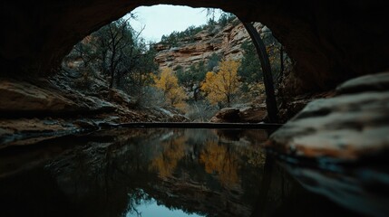 Fototapeta premium A cavern vista reveals a reflecting pool in the wilderness scene