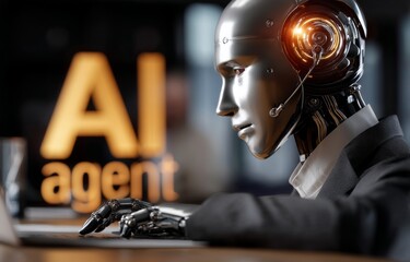 AI Robot at Desk in Front of Computer as Digital Marketing Agency Manager