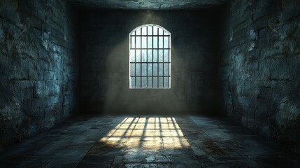 Fototapeta premium Dark, stone cell with barred window, sunlight
