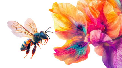 Spring garden beauty with a bee on a flower blossom, isolated on transparent background. PNG