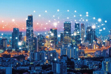 Fototapeta premium City skyline at twilight, connected by digital network