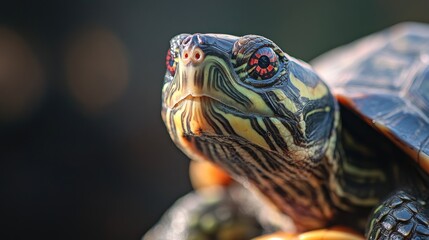 Obraz premium Red-eared slider turtle portrait, garden bokeh