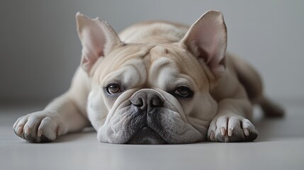 Fototapeta premium Relaxed French Bulldog lying indoors, grey background