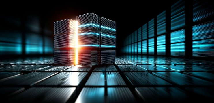 Digital Blue Background with Glowing Light Grid and Data Blocks Tower