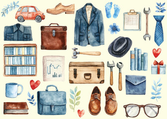 Watercolor illustration set themed for Father's Day. Includes men's clothing, tools, briefcases, books, gifts, and daily items. Ideal for holiday cards, gift designs, and family-themed materials.