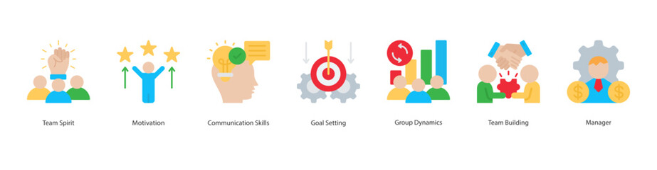Team Motivation web banner icon sheet vector team spirit, motivation, communication skills, goal setting, group dynamics, team building, manager