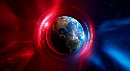 Earth with Glowing Rings on Futuristic Background