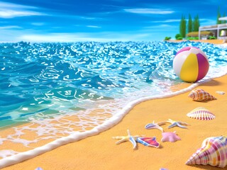 Obraz premium Vibrant Beach Scene with Colorful Shells and a Beach Ball