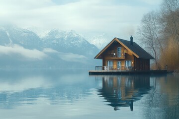 Fototapeta premium Serene wooden house beside a tranquil lake surrounded by mountains during a foggy morning, house on the lake in Photo